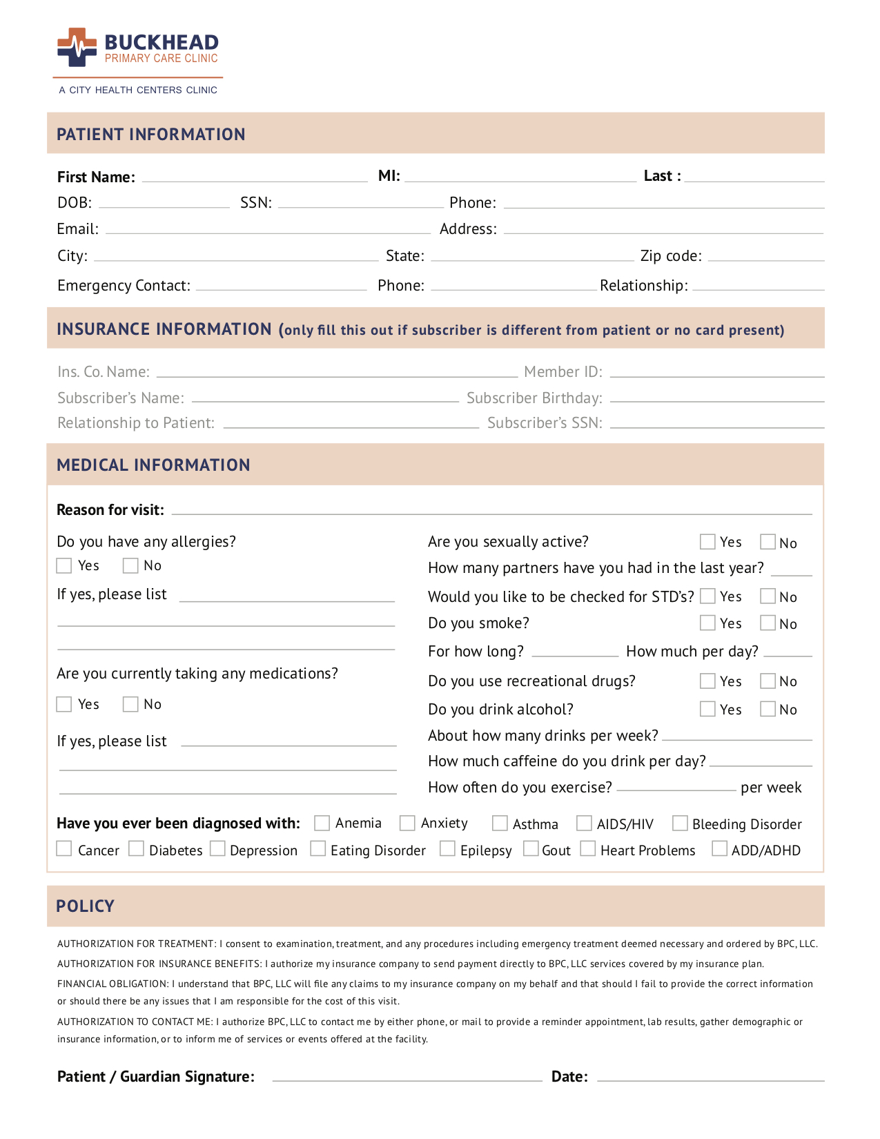 Buckhead Primary Care New Patient Form